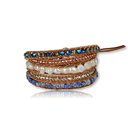 Multi-layer Hand Crafted Cultured Freshwater Pearl Gemstone Beaded on Genuine Leather Boho Style Leather Wrap Bracelet Super Wrap Bracelet 35