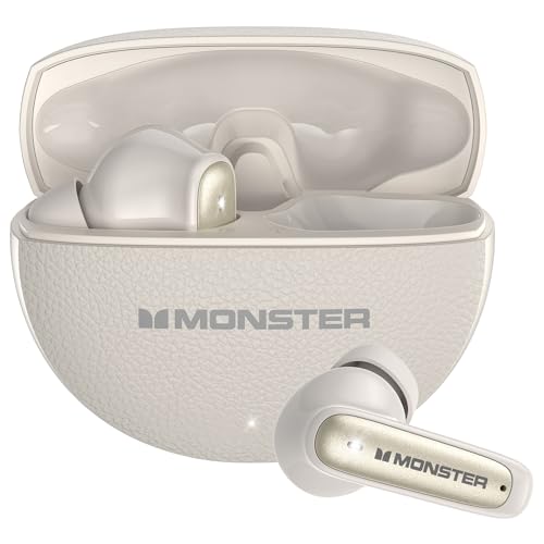 Monster N-Lite 310 True Wireless Earbuds, Bluetooth 6.0 Headphones Deep Bass, Earbuds with ENC Noise Cancelling Mic for Clear Calls, 32H Playback, Bluetooth Earbuds for Laptop/Phones/Sports, White
