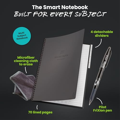 Image of Rocketbook Multi-Subject Reusable Smart Notebook, Letter 8.5x11, Gray | 70 Lined Pages, 4 Adjustable Dividers for Organize Classes, Projects and Notes