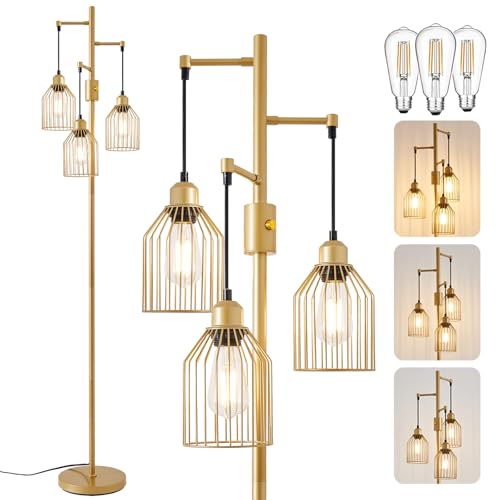 Dimmable Industrial Floor Lamp with 3 Cage Heads, 68.5" Gold Tree Standing Lamp with Stepless Dimming, Modern Farmhouse Tall Pole Light for Living Room, Bedroom, Office, E26 Base (Bulbs Included)