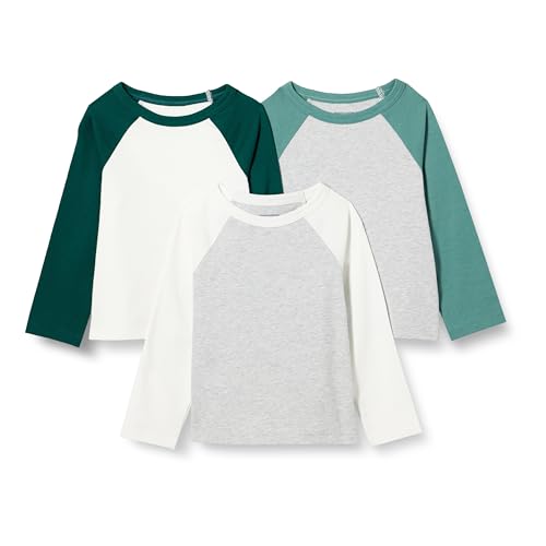Amazon Essentials Maglie a Maniche Lunghe in Cotone Bambini e Ragazzi, Pacco da 3, Avorio/Grigio Chiaro Puntinato/Verde,...