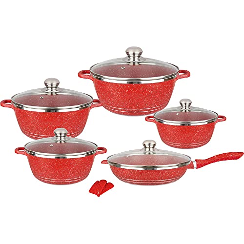Cooking Pot, Nonstick Cookware Sets Granite Cooking Pots and Pans with Glass Lids,Marble Coated Aluminium Home Kitchenware with Saucepans,Frying Pan,Stock Pot,10 Piece