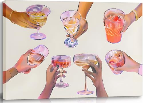 Framed Bar Cart Wall Art Cheers Cocktail Canvas Wall Decor Vintage Trendy Alcohol Drinks Pictures Funky Prints Poster Colorful Champagne Girly Preppy Artwork for Kitchen Bar Home Decorations 12x16in