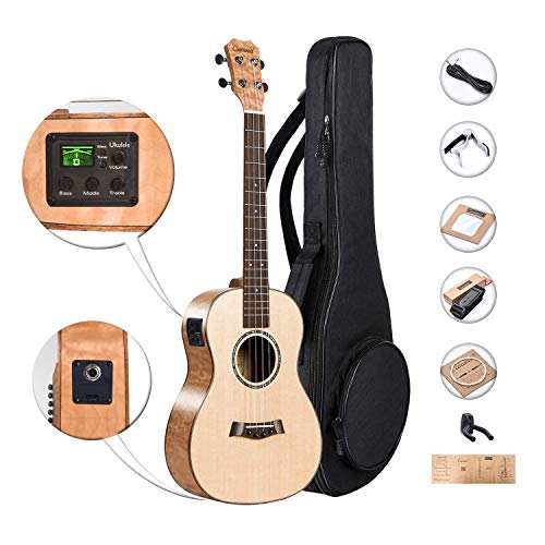 Caramel CB305 Solid Spruce Top Quilted Maple Baritone Acoustic & Electric Ukulele with Truss Rod, D-G-B-E Strings & free G-C-E-A strings, Padded Gig Bag, Strap and EQ cable