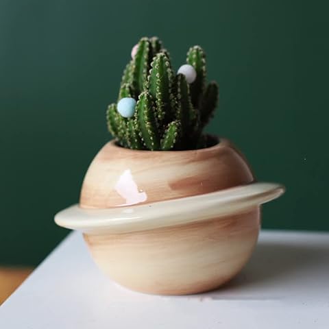 Maygone Creatively Planet Shaped Plant Pot Small Ceramic Planter For Succulent Cactus Indoor Plant Pot,Khaki Cover
