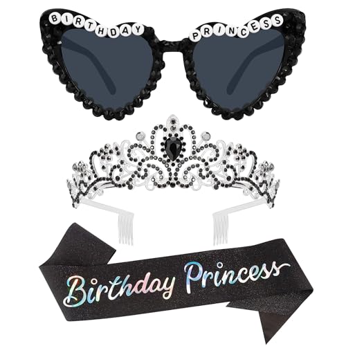 VELSCRUN Black Birthday Princess Glasses, Birthday Princess Sash Tiara Crown for Women Girls, 3 Pcs Elegant Tiaras Crowns Hair Accessories Happy Birth Party Decorations Girls Gifts