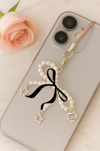 Image of Bag Charm |Pearl Bow Design With Heart Charm and Ribbon | Cherry Charms | Bags Charms for handbags keychain Unique Key Chains for Women Key Ring for Girls