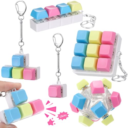 Halloscume 5 Pcs Keyboard Fidget Clicker Keychain 5 Styles Pink Yellow Blue
