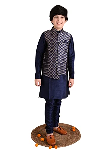 Image of LILPICKS Boys Solid Kurta Pyjama Set with Printed Nehru Jacket (Blue Golden)