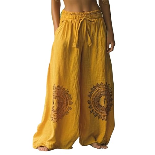 akwuiopt Pantalones de lino con estampado floral para mujer, pantalones de pierna ancha, pantalones de lino de algodón, pantalones vintage con estampado étnico, ajuste holgado, cómodos, casuales