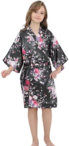 EPLAZA Kids Girls Floral Satin Robe for Birthday Spa Bridal Party Flower Girls Wedding Robes Kimono (Black, Tag 14)