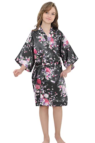 Eplaza Kids Girls Floral Satin Robe For Birthday Spa Bridal Party Flower Girls Wedding Robes Kimono (Black, Tag 14) #TOP21
