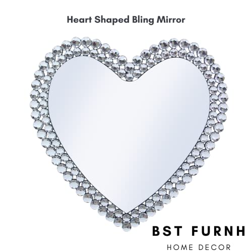 Bst Furnh Heart Mirror Wall Decor 24 Inch Heart Shaped Mirror Decorative With Glass Heart Crystal Framed Heart Vanity Mirror For Wall Silver Large Wall Mirror Frameless Mirrors #TOP6