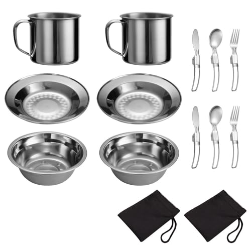 Camping Mess Kit, 2PCS Stainless Steel Camping Utensils Set with Bowls Plates Cups Forks Spoons and Knives 1 to 2 Persons Camping Dishes for Kitchen Camping
