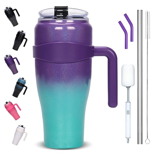 LAOION 40 oz Tumbler with Handle and Straw,Stainless Steel Mug with Leak Proof Screw Seal Lid,Dual Insulated Large Cup with handle,Keeps Drinks Cold for 24 Hrs,Sweat Proof,BPA Free-Deep Fear