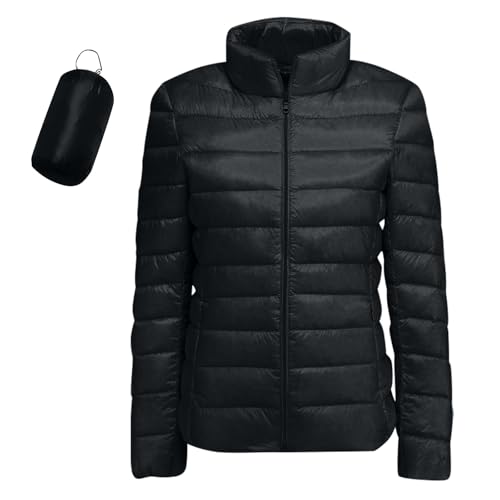 Cazadora Mujer Invierno Color Liso Sin Capucha Manga Larga - Chaqueta Mujer Entretiempo con Bolsillo Cremallera Elegante Transpirable Ligera Cazadoras Único Anchos Plumíferos Negro XL