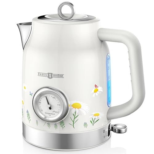 Image of PARIS RHONE Retro Stainless Steel Electric Kettle, 1.7L Cordless Hot Water Tea Kettle with Thermometer, 1500W Fast Heating, LED Indicator, Auto Shut-Off & Boil Dry Protection