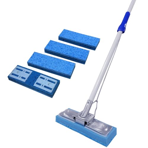 HOMEMAID Cellulose Butterfly Sponge Mop Handle with 4 Sponge Heads (Made in USA) Self-Wringing Absorbent Cellulose Butterfly Sponge Mop for Hardwood Tile & Kitchen Floor Cleaning