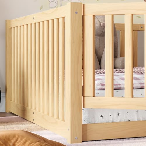 Bellemave Full Size Kids Floor Bed with Safety Guardrails & Door, Woode Montessori Floor Bed Frame, Kids Full Bed Frame for Girls Boys, White