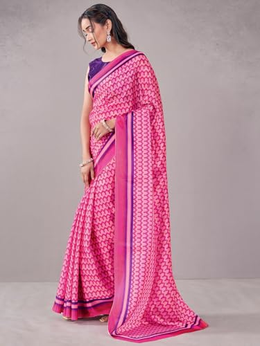 Image of Satrani Women's Chinnon Printed Saree with Unstitched Blouse Piece