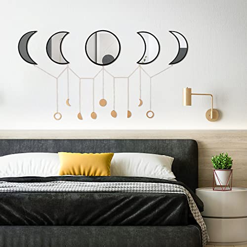 Image of Orosun Rohuwa Moon Phase Mirror Set, Scandinavian Bohemian Home Wall Décor with Wall Hanging Handmade Wood Gold Medal, Garland Wall Art for Bedroom & Living Room Decorations (Black)
