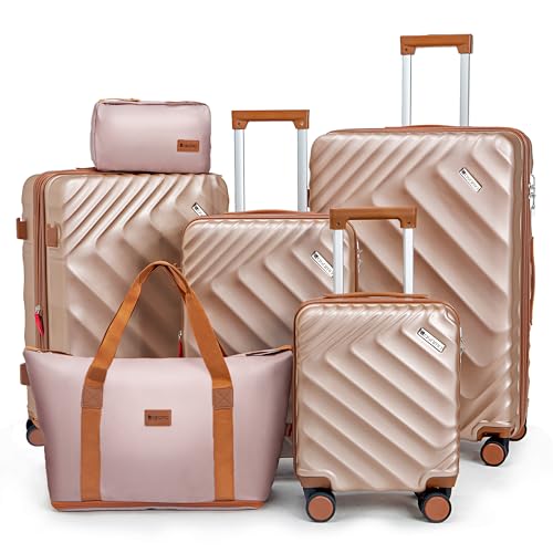 Image of 6 piece Luggage Set Expandable Suitcase 22x14x9 Airline Approved Carry on, ABS Hard Case Suitcases with Spinner Wheels, TSA Lock, (Pink)