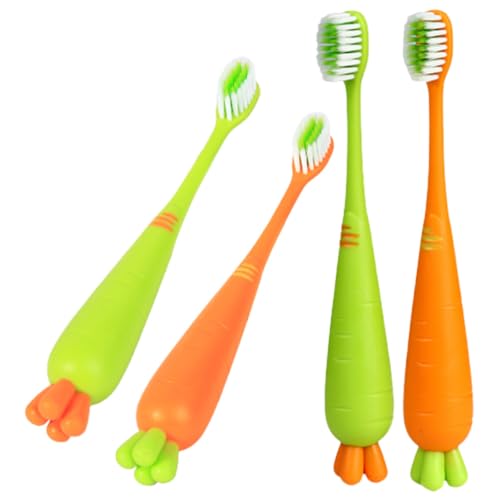 HANABASS Cepillo de Dientes Dibujos Animados 4 Piezas Cerdas Suaves Diseño Ergonómico Colores Zanahoria y Verde Adecuado para Cuidado Dental Infantil y Viaje