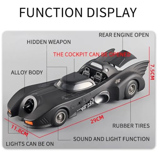 Image of PLUSPOINT Diecast Black Bat Car 1 /24 Scale Model, Pull Back Vehicles Alloy Simulation Supercar with Lights and Sound and Smoke Also for Vehicle Dashboard,Kids,Adult (Black Car)