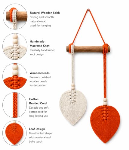 Image of AdFashionble Boho Macrame Wall Hanging Leaf Decor for Home, Living Room & Bedroom | Cotton Thread Art with Wooden Rod | Minimalist Handmade Wall Decoration | Aesthetic Nordic Wall Art for Home, Office & Gift Purpose Lenght- 58 cm Width- 15 cm (ORANGE & OFFWHITE)