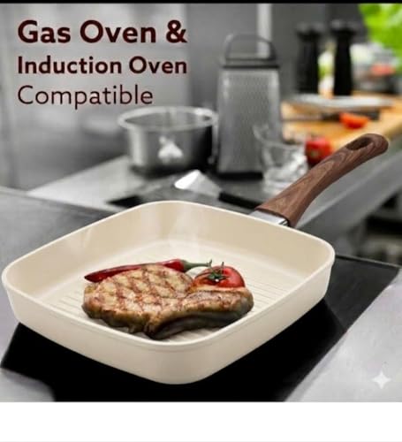 Image of Nonstick Grill Frying Pan with Cool Touch Handle,Stove Top Square Grill Pan for Big Cooking Surface, Durable Grill Skillet,Scratch Resistant, PFOA Free Low Oil use,(White, 24 cm)