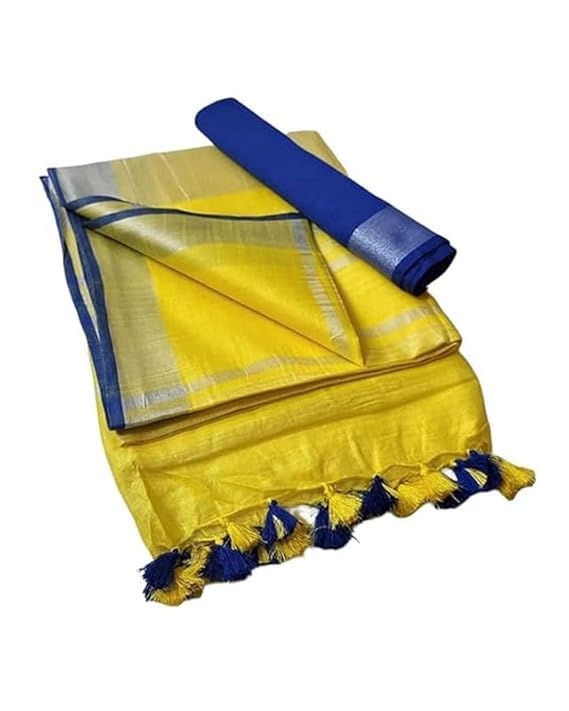 Image of STB-SILK TEXTILES BHAGALPUR Women's Linen Slub Saree With Contrast Blouse Piece