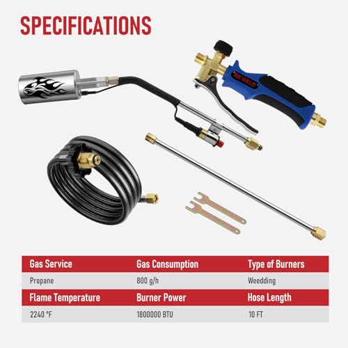 RX WELD Adjustable Propane Weed Torch - High Output 1,800,000 BTU with 10FT Hose, Flame Control and Turbo Trigger Push Button Igniter for Garden Wood Ice Snow Road (BLUE-Curved Spout)