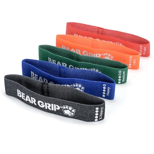 BEAR GRIP Fabric Resistance Bands for Working Out – Color-Coded Booty & Stretch Bands for Exercise, Legs, Glutes, Squats, Home Fitness, Yoga & Pilates – 5 Resistance Levels (Multi Colour, Standard)