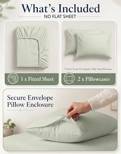 Image of LANE LINEN 100% Organic Cotton Fitted Bed Sheets Queen Size (+Pillowcases) Soft & Comfy Percale Weave Fully Elasticized Low Pilling Fade Resistant Deep Pocket Fits Mattress Upto 15 inch - Mineral