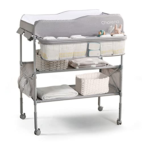 Image of cholena Portable Baby Changing Table,Foldable Diaper Changing Station,Waterproof Diaper Changing Table with Drawers Adjustable Height Changing Station for Infant with Large Storage, Cationic Grey