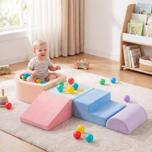 Image of Tiita Baby Climb and Crawl Playset 5-Piece with Small Ball Pit | Foam Climbing Blocks for Toddlers with Removable Washable Cover, Indoor Soft Play Climber, Macaron