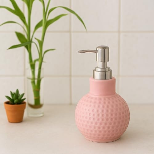 Image of Ceramic Soap Dispenser 330ml (Set of 1) | Pink Ball Design | Refillable Liquid Soap, Hand Wash & Lotion Pump Bottle | Premium Ceramic Bathroom & Kitchen Accessory | Pink