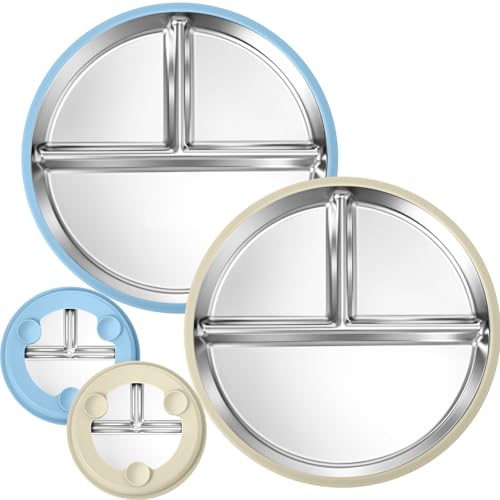 Image of BUSOHA 2 Pack Stainless Steel Kids Plate with Suction - 9” Divided Toddler Baby Plates with Silicone Sleeves Non-Slip 2-in-1 Anti Breakage Metal Toddler Bowls Microwave Dishwasher Safe