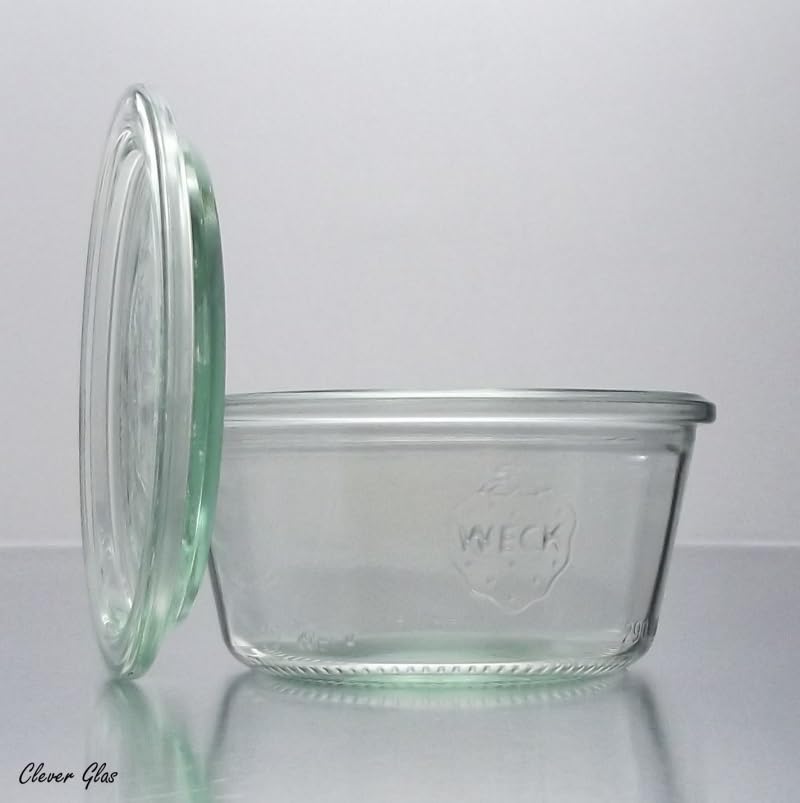 6 einkoch vasetti/barattoli, 0,5 litri sturz forma RR100 con coperchio in vetro e selezione di Im Original Weck cartone