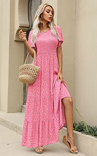 Image of Kranda Women 2025 Summer Fall Crewneck Short Sleeve Smocked Floral Maxi Dress
