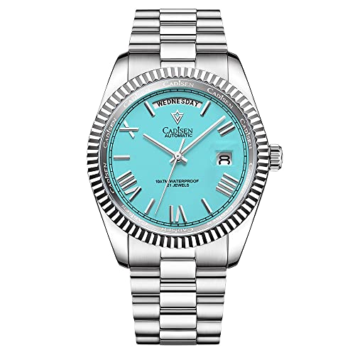 CADISEN Reloj mecánico de lujo automático de los hombres marca superior reloj de negocios impermeable MIYOTA 8285 deportes hombres regalo reloj de oro, Azul (Sky Blue)