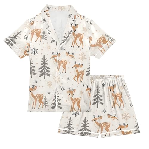 ALAZA Deer Pine Tree Winter Snowflake Satin Pajamas Set Short Sleeve Button Down Sleepwear Summer Pjs 2 Piece