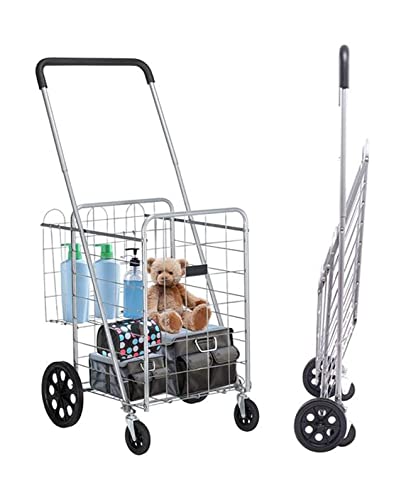 QUANLI Faltbarer Einkaufstrolley, zusammenklappbarer Einkaufswagen mit doppeltem Korb und 360° drehbaren Rädern, tragbar… – Bild 3