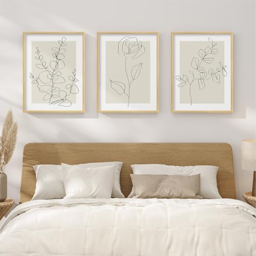 Framed Floral Art Bedroom Wall Art, 3 Piece Neutral Botanical