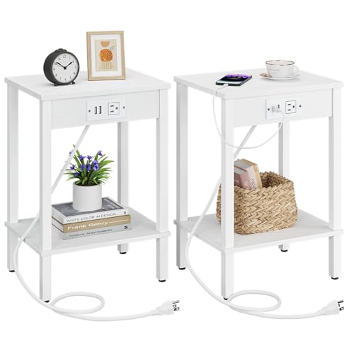 VIMBER Side Table with Charging Station, Set of 2 End Tables with USB Port and Outlets, Nightstands with 2-Tier Storage Shelves, Sofa Table for Small Space, Living Room, Bedroom, White UTBT102W2 by VIMBER - Used condition - US$40.02