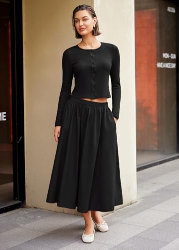 Image of Panadila Womens 2 Piece Lounge Sets Matching Vacation Outfits Ribbed Button Down Cardigan and Elastic Waist Skirt Sets