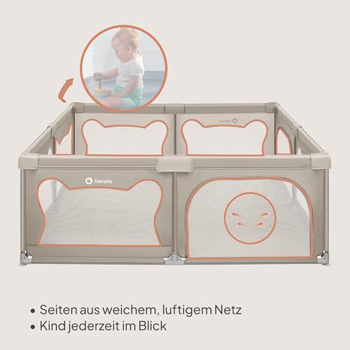 LIONELO WILLOW XL Laufgitter Baby, ab 0-48 Monaten große Fläche 187 cm x 207 cm x 68 cm, Laufgitter Baby mit Seitenwände aus atmungsaktiven Netzstoff, 2 Seitliche Eingänge mit einem Reißverschluss