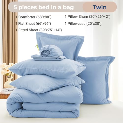 MUXHOMO 5 Pieces Twin Comforter Set, Soft Bed in a Bag Twin Size, All Season Bedding Set with Comforter, Flat Sheet, Fitted Sheet, Pillowcases & Shams, Greyish Blue