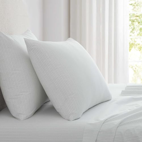 Image of Martha Stewart - Full Size Sheet Set, Crisp & Tailored Bedding with a Smooth Cotton Percale Feel, Deep Pocket, Bed Sheets with Matching Pillowcases & Fitted Sheet (Dotted Stripe Green)