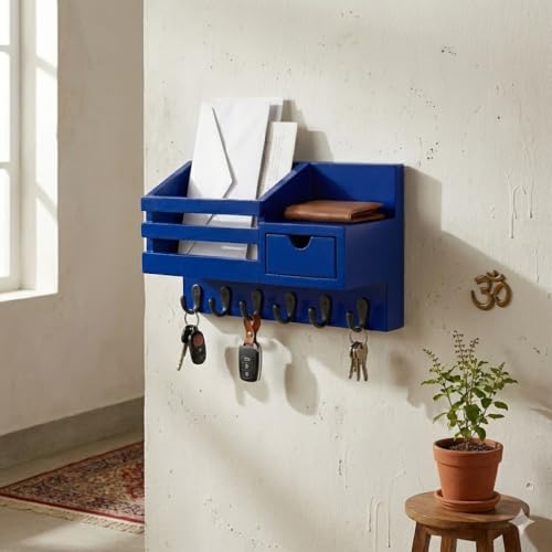 Image of Wooden Wall Mounted Key Holder with Hooks and Organizer Shelf Wall Rack for Letters Wallets and Accessories Home and Office Wall (Blue, Drawer Organizer - 35.5 x 9 x 23 cm)